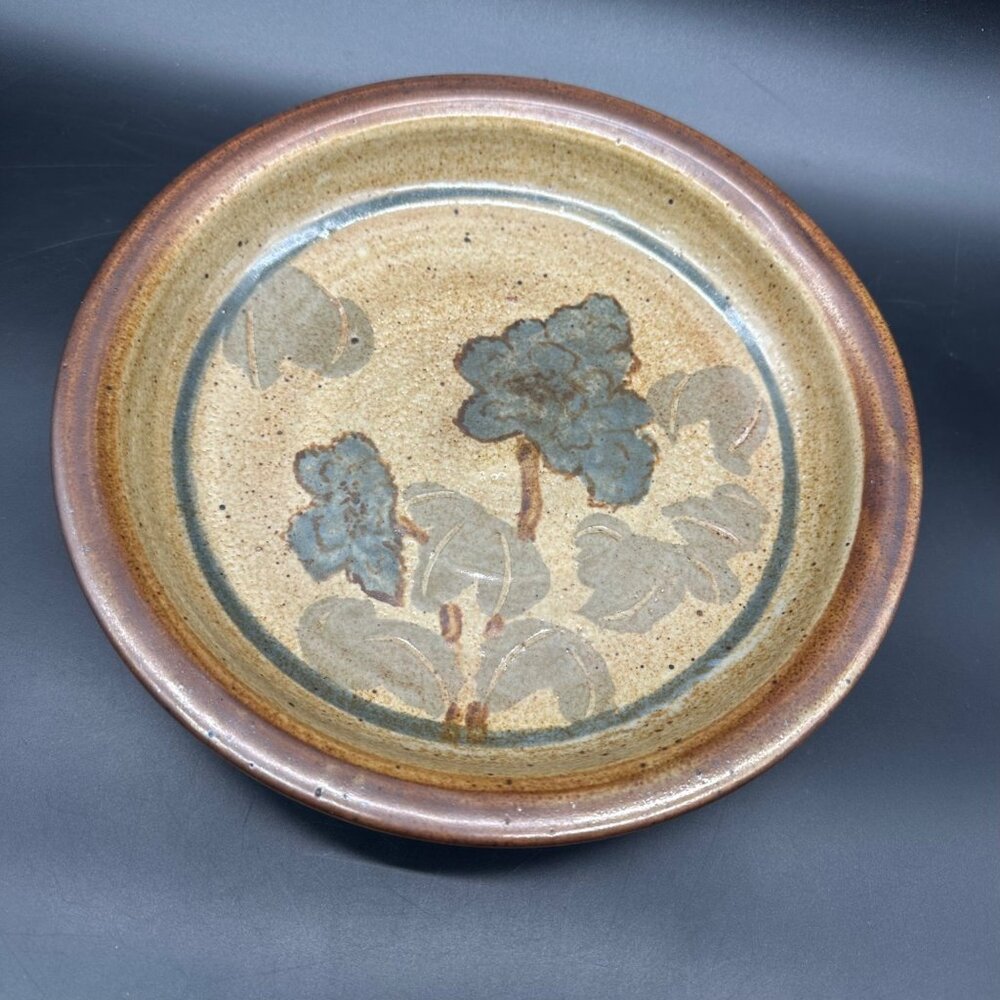 Handcrafted Art Pottery Pie Plate Floral Botanical Earth Tones Brown Green